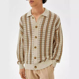 Men's Casual Contrast Color Striped Hollow Knitted Cardigan 66160032M