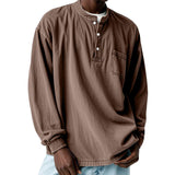 Men's Solid Loose Henley Collar Chest Pocket Long Sleeve T-shirt 14749687Z