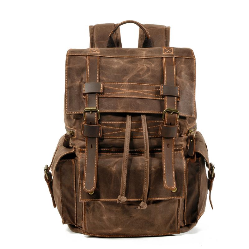 Men's Vintage Beeswax Canvas Outdoor Leather Multi-Pocket Backpack 92970713Y