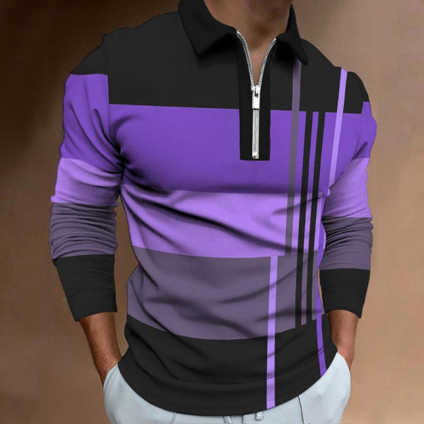 Men's Casual Colorblock Printed Lapel Long Sleeve Polo Shirt 04484966M