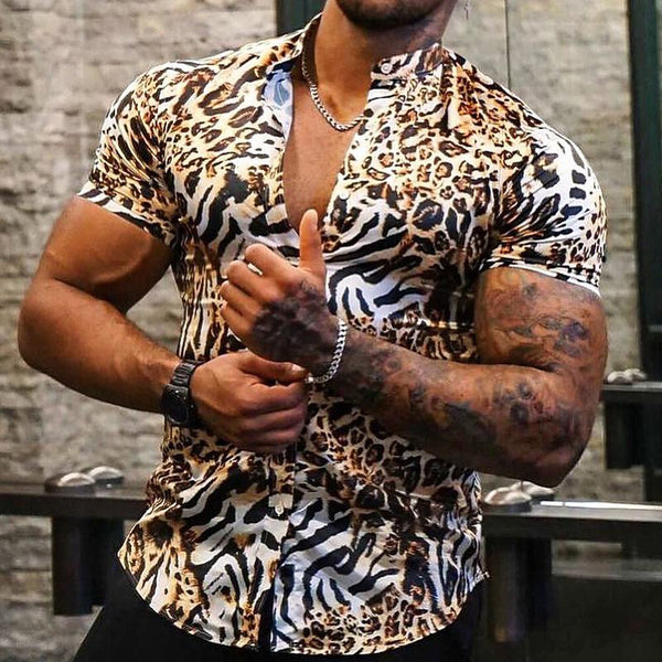 Men's Leopard Graphic Lapel Short Sleeve Casual Shirt 67423431Z