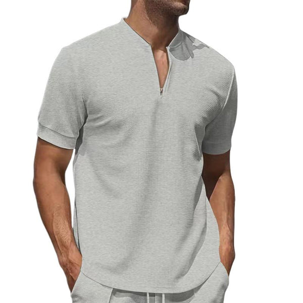 Men's Casual Solid Color Waffle Collar Short-sleeved T-shirt 45046623X