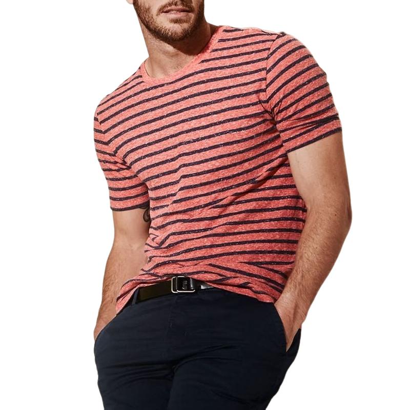 Men's Casual Cotton Blended Striped Round Neck Slim Short-sleeved T-shirt 80220831M