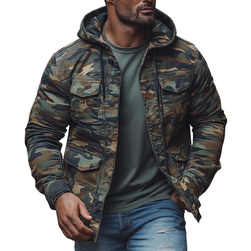 Veste décontractée à capuche et à poches multiples pour homme, style camouflage, à simple boutonnage, 42185129M