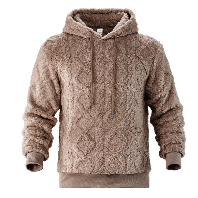 Men's Casual Solid Color Woven Plush Warm Hooded Sweatshirt 72865635Y