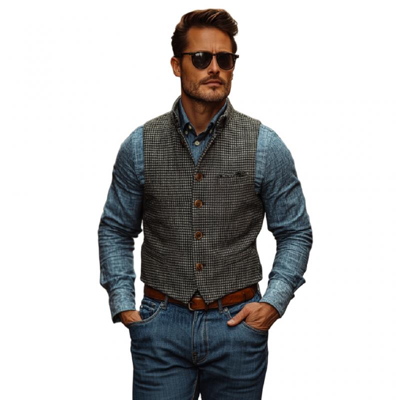 Men's Vintage Stand Collar Houndstooth Single Breasted Slim Vest 47336610M