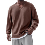 Men's Casual V-neck Striped Loose Long Sleeve T-shirt 54180863M