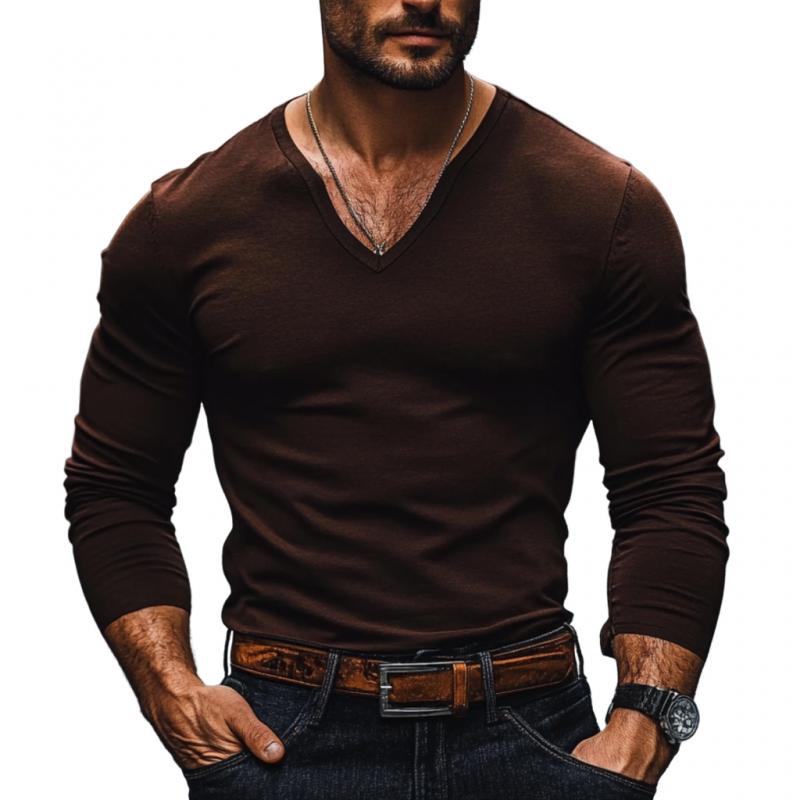 Men's Casual Solid Color Cotton V-neck Slim Fit Long Sleeve T-shirt 37402299M