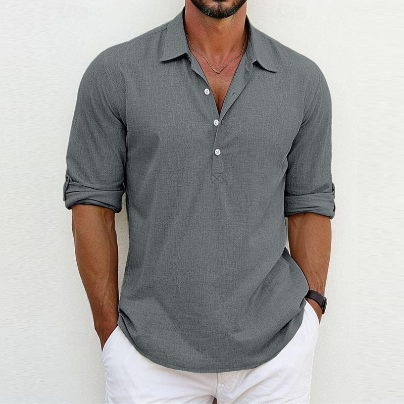 Men's Casual Solid Color Cotton Linen Lapel Pullover Long-Sleeved Shirt 29013762M