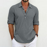 Men's Casual Solid Color Cotton Linen Lapel Pullover Long-Sleeved Shirt 29013762M