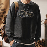 Men's Washed Distressed Denim Embroidered Sweatshirt 38460063U