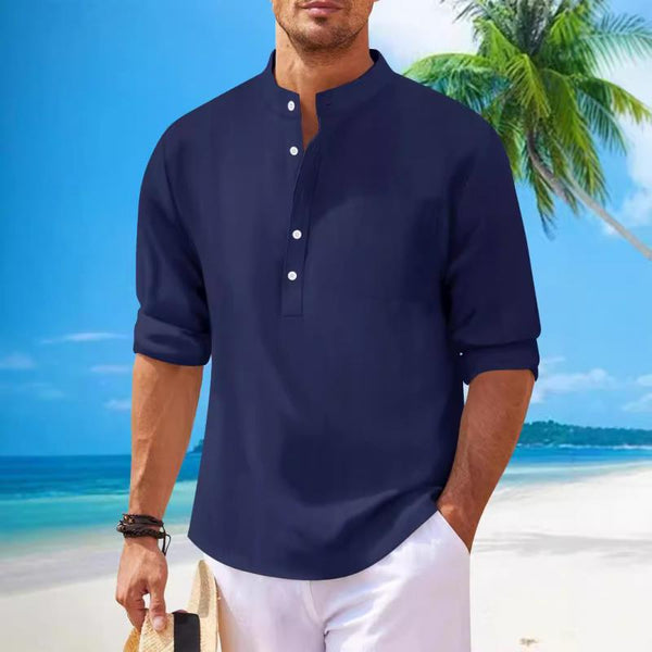 Men's Solid Color Henley Collar Long Sleeve Shirt 03357832Z