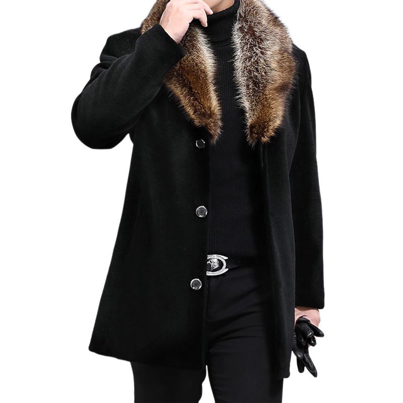 Men's Fur Collar Single Breasted Mid-length Coat 06127353U