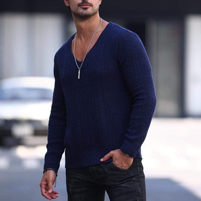 Men's Solid Color Knitted V-Neck Sweater 00387998Y