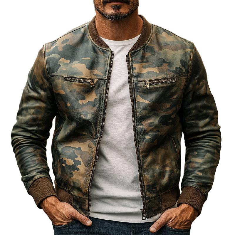 Men's Fashion Multi-Pocket Camouflage Baseball Leather Jacket 63113155F