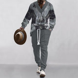 Men's Classic Casual 3D Printed Knitted Loose V-Neck Long Sleeve Sweatshirt Elastic Waist Sweatpants Set 31156534K