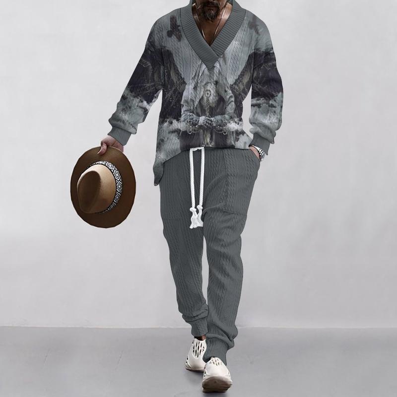 Men's Classic Casual 3D Printed Knitted Loose V-Neck Long Sleeve Sweatshirt Elastic Waist Sweatpants Set 31156534K