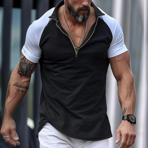 Men's Colorblock Zipper Lapel Raglan Short Sleeve Polo Shirt 94756852Z