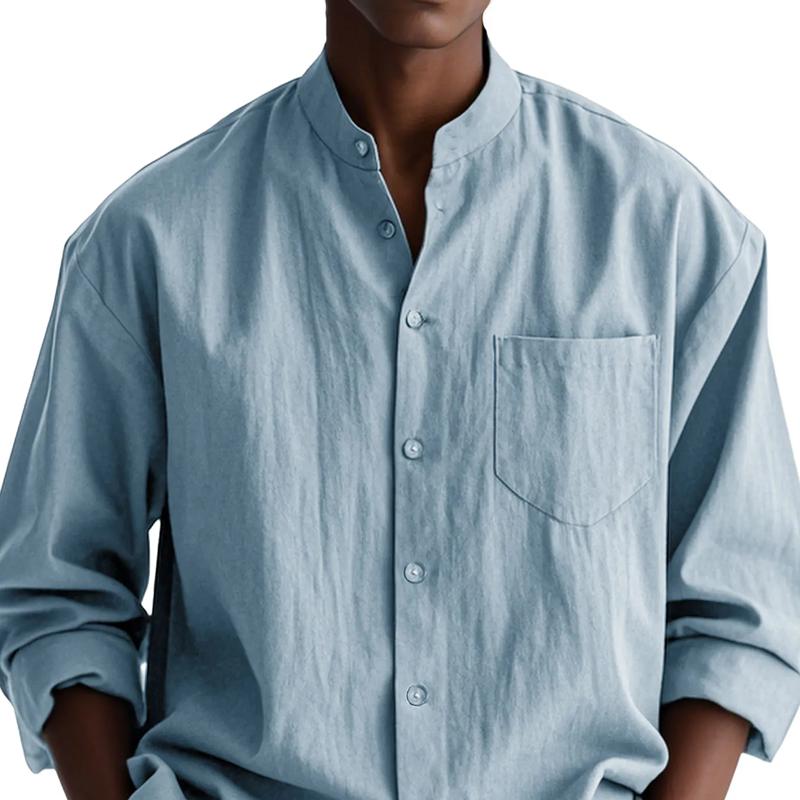 Men's Solid Color Loose Stand Collar Long Sleeve Shirt 77433868Z