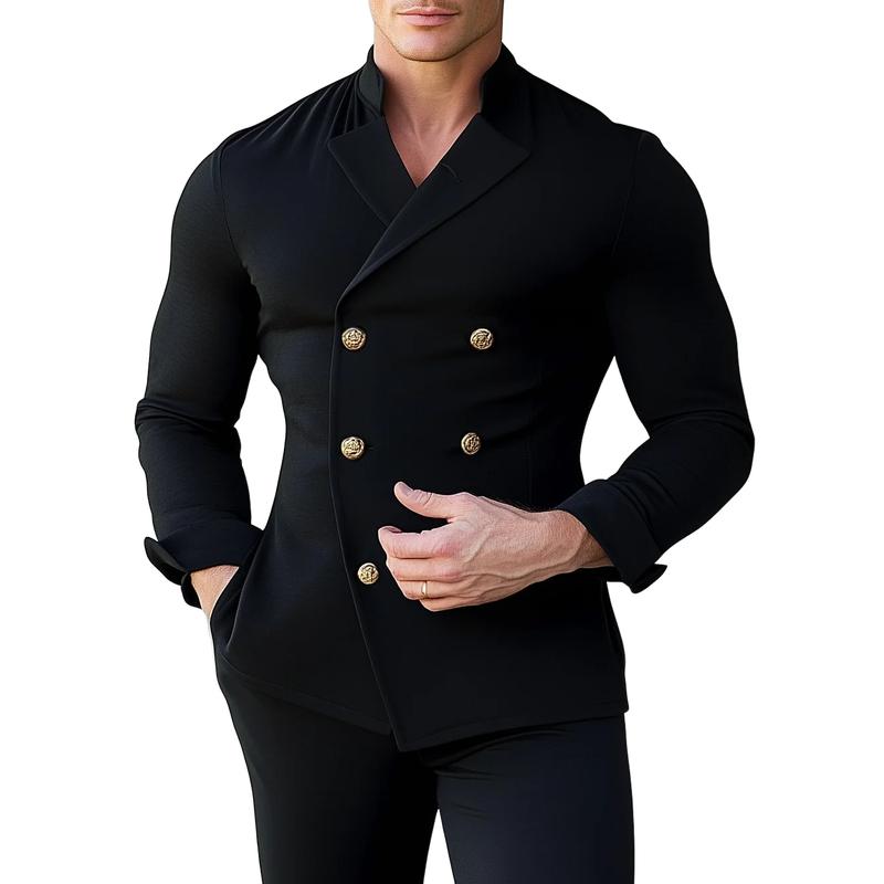 Men's Fashion Lapel Metal Double-Breasted Long-Sleeved Shirt 12397328Y