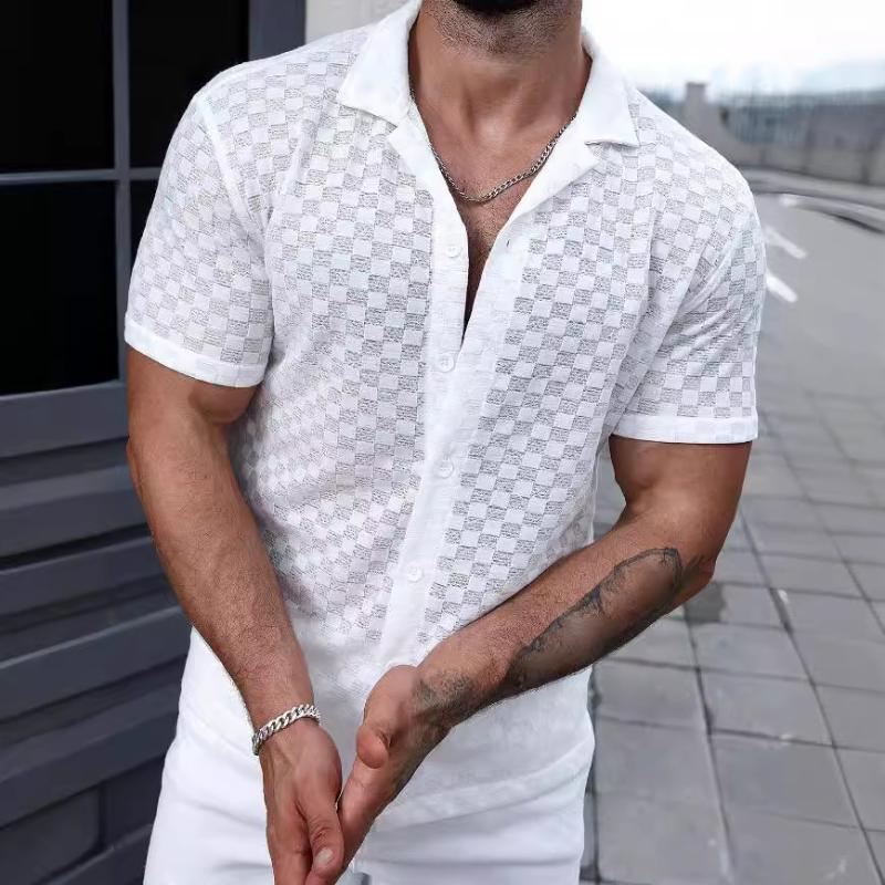 Men's Casual Solid Color Lace Lapel Short Sleeve Shirt 86252733TO