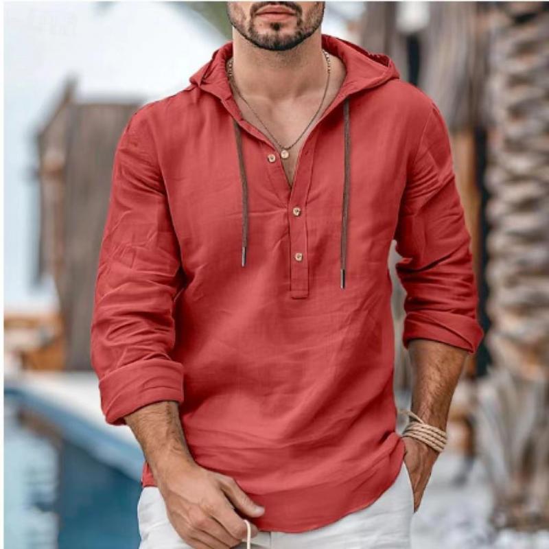 Men's Casual Cotton Blended Pullover Hooded Long Sleeve Shirt 12249769Y