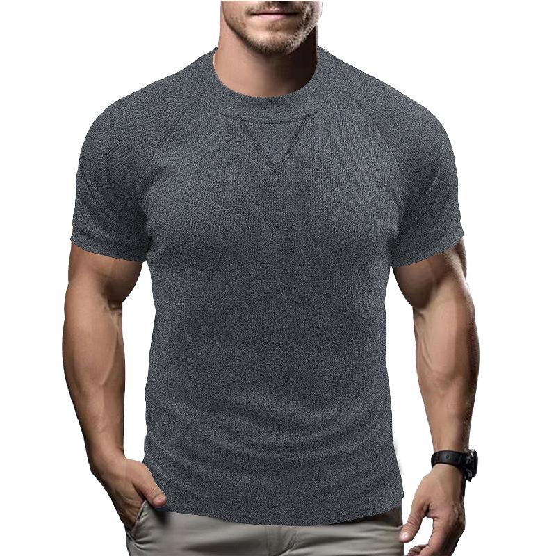 Men's Solid Color Round Neck Waffle Short Sleeve T-shirt 09792187X