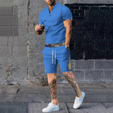 Men's Waffle Stitching Stand Collar Short-Sleeved T-Shirt Shorts Set 98505659Y