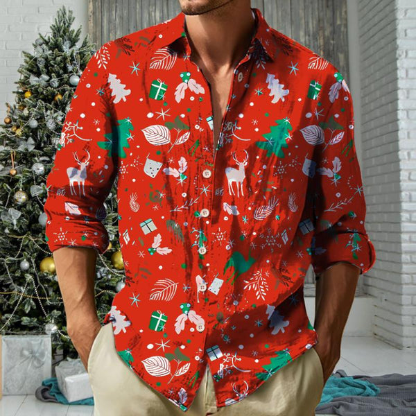 Men's Retro Casual Christmas Print Lapel Long Sleeve Shirt 10665197TO