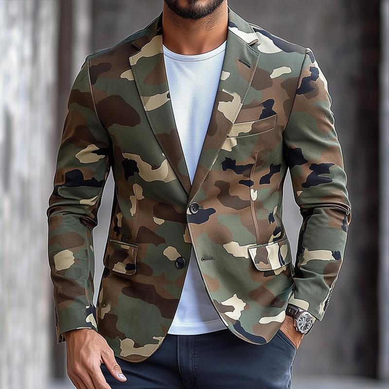 Blazer casual de un solo pecho con solapa con muesca y diseño retro de camuflaje para hombre 86031799Z