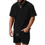 Men's Casual Round Neck Short-sleeved T-shirt Elastic Waist Sports Shorts Set 65845038M