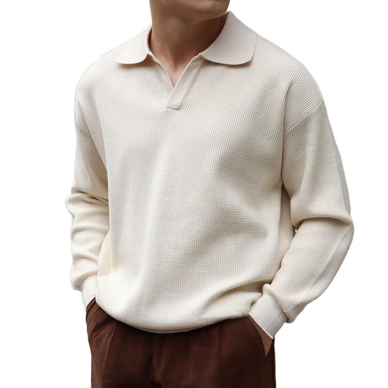 Men's Solid Color Lapel Long Sleeve Knit Polo Shirt 27298095Z