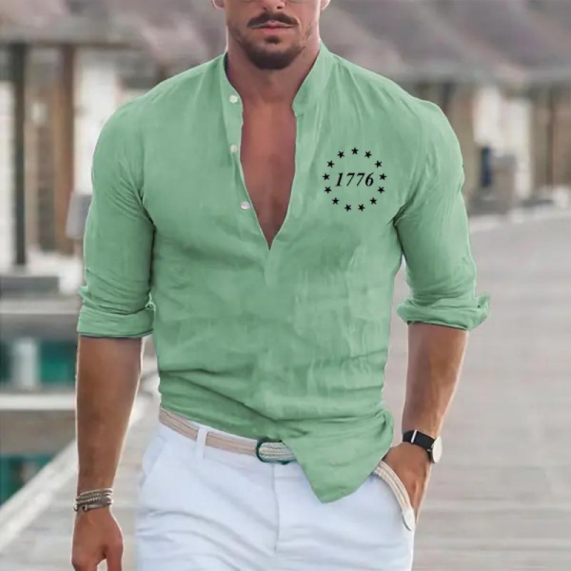 Men's Graphic Print Henley Collar Long Sleeve Shirt 94077870Z