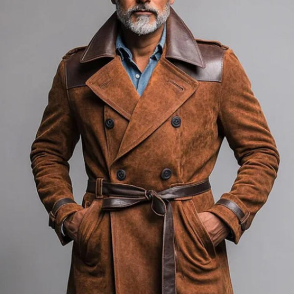 Men's Suede And Pu Leather Double-Breasted Belted Trench Coat 37847399Y