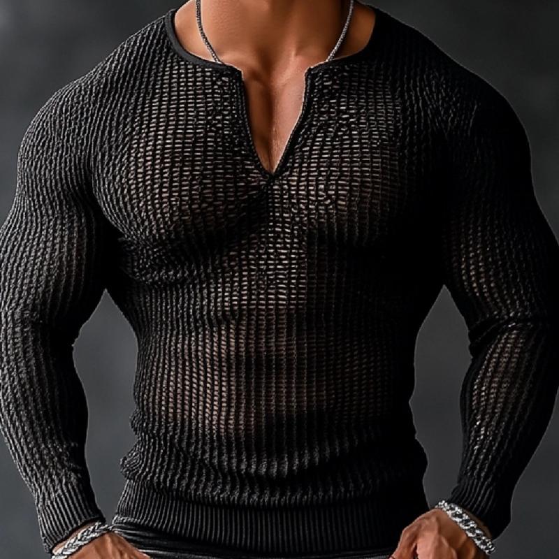 Men's Sexy Hollow Mesh V-neck Long Sleeve T-shirt 11424439M