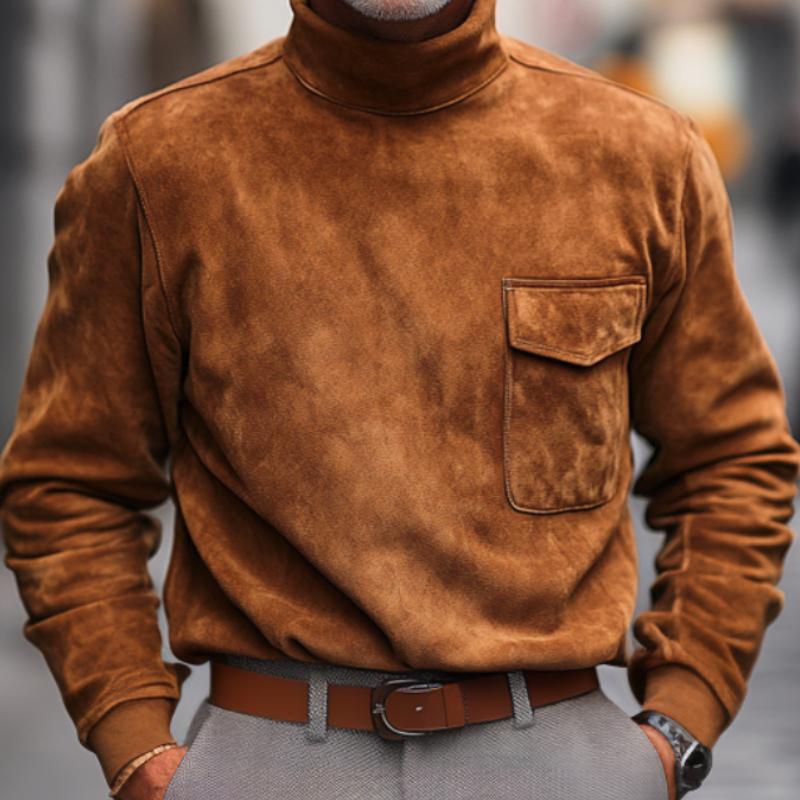 Men's Vintage Suede Turtleneck Long Sleeve T-Shirt 28928626F