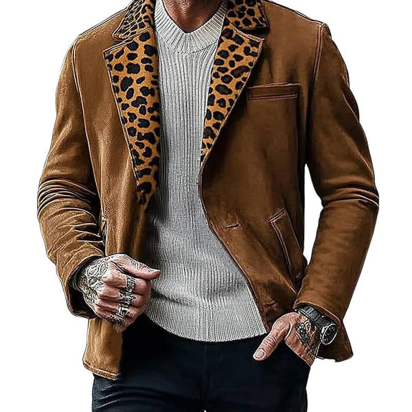 Men's Suede Leopard Print Collar Patchwork Jacket 36027615U