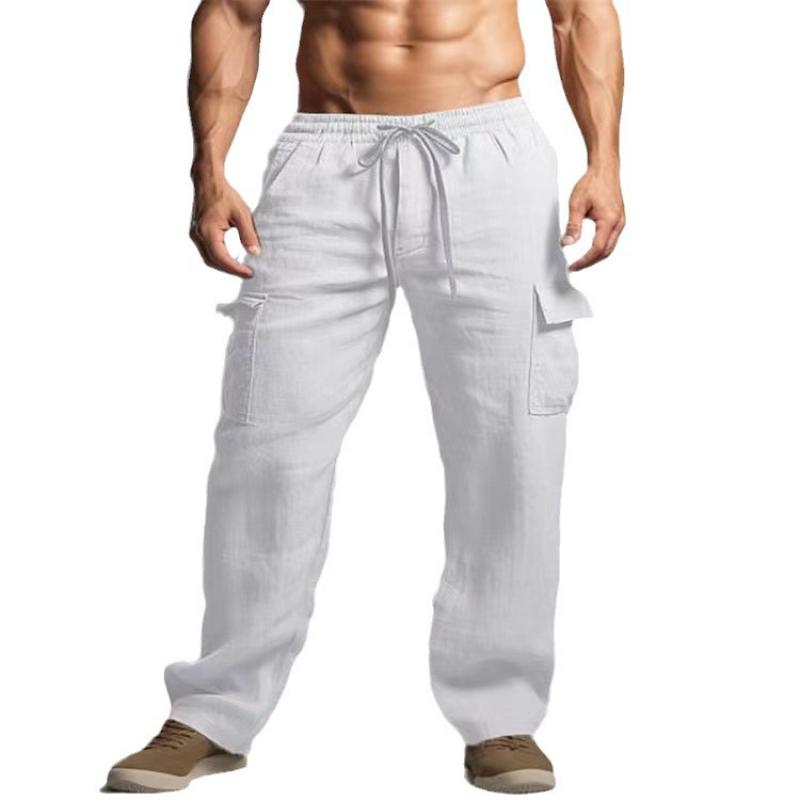 Men's Solid Cotton And Linen Elastic Waist Multi-pocket Casual Pants 09929953Z