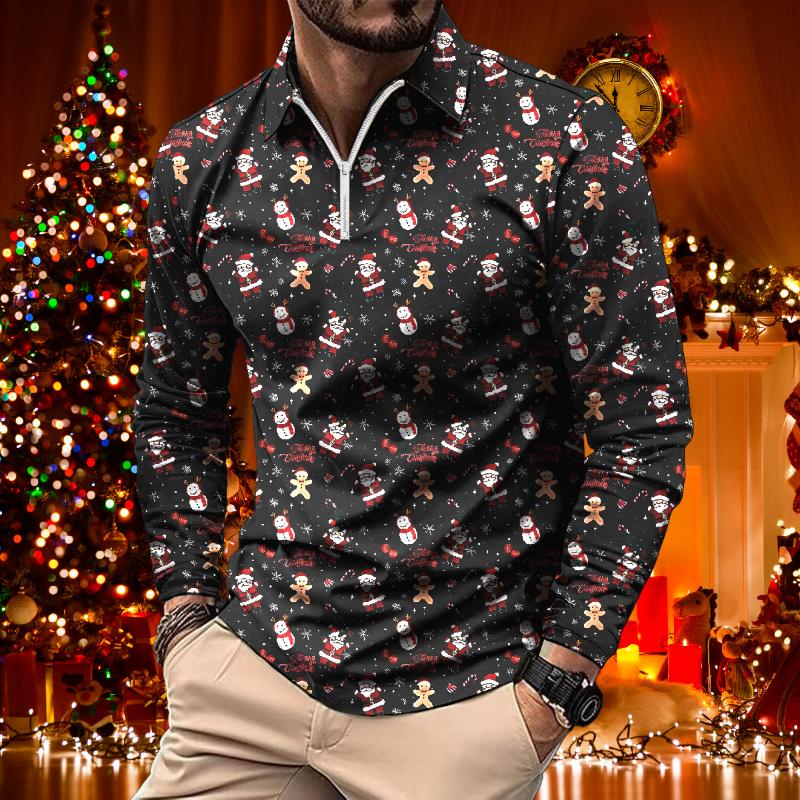 Men's Retro Casual Christmas Floral Print Long Sleeve Polo Shirt 02066651TO