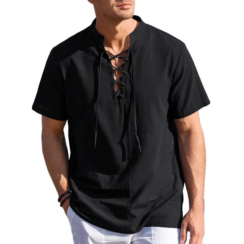 Men's Solid Color Cotton And Linen V-Neck Lace-Up Short-Sleeved Shirt ...