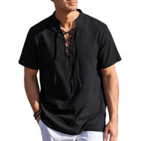 Men's Solid Color Cotton And Linen V-Neck Lace-Up Short-Sleeved Shirt 55607564Y