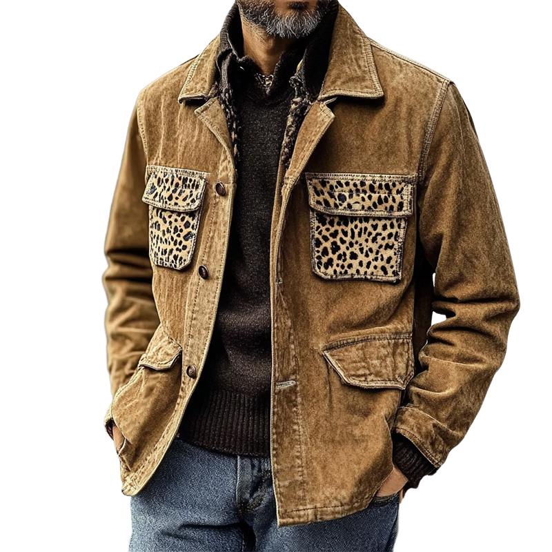 Men's Khaki Washed Denim Leopard Print Jacket 51883225U