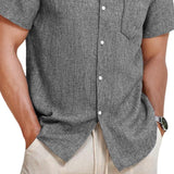Men's Casual Cotton Linen Blended Lapel Patch Pocket Slim Fit Short Sleeve Shirt 17233172M