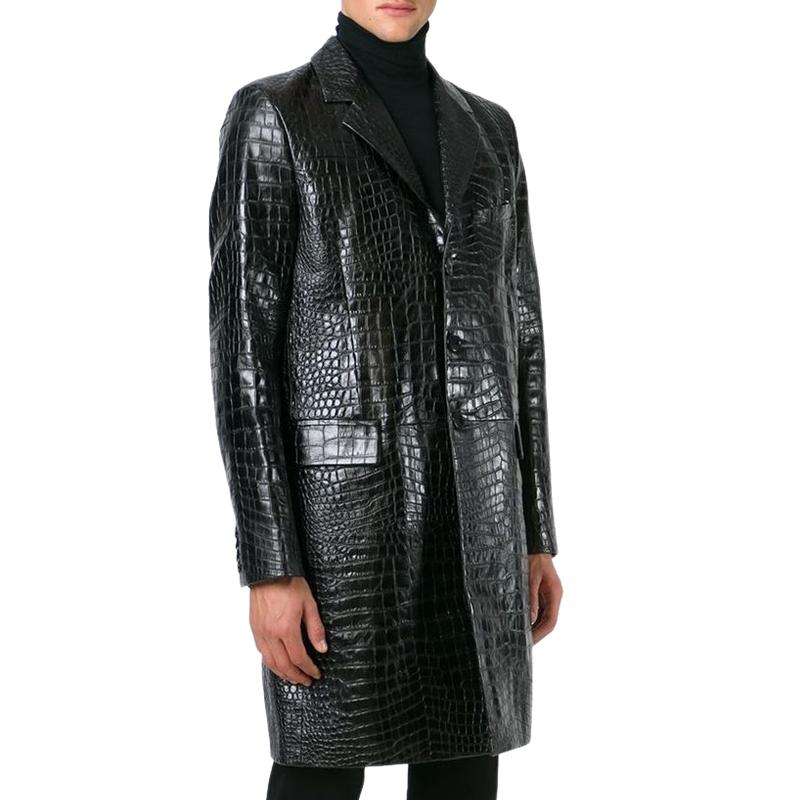 Men's Classic Mid-length Lapel Croc-effect Leather Coat 15085990F