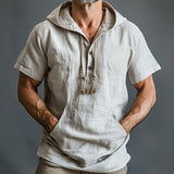 Men's Casual Cotton Linen Kangaroo Pocket Short-sleeved Hoodie 71281985M