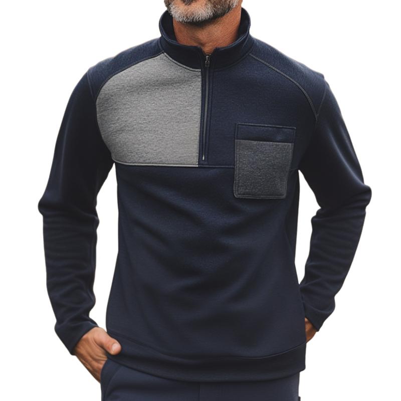 Men's Retro Casual Colorblock Chest Pocket Zipper Sweatshirt 40989432TO