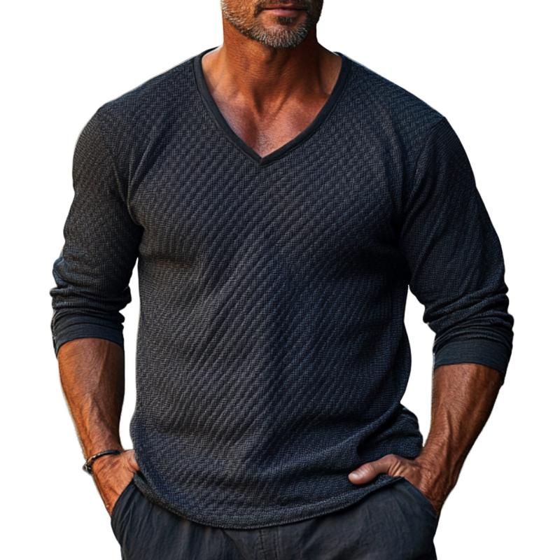 Men's Casual V-neck 3D Embossed Long-sleeved Bottoming T-shirt 64660487F