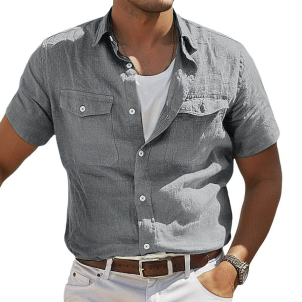 Men's Casual Cotton Linen Solid Color Lapel Flap Pocket Short Sleeve Shirt 29703560M