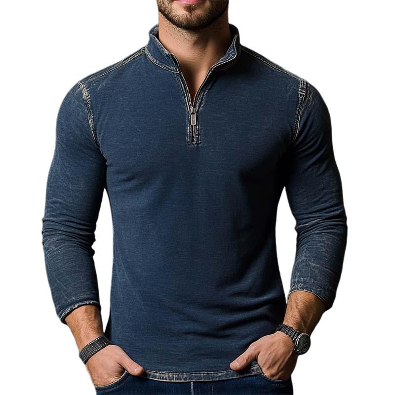 Men's Classic Retro Distressed Stand-up Collar Zipper Slim Fit Long Sleeve POLO Shirt 57133393K