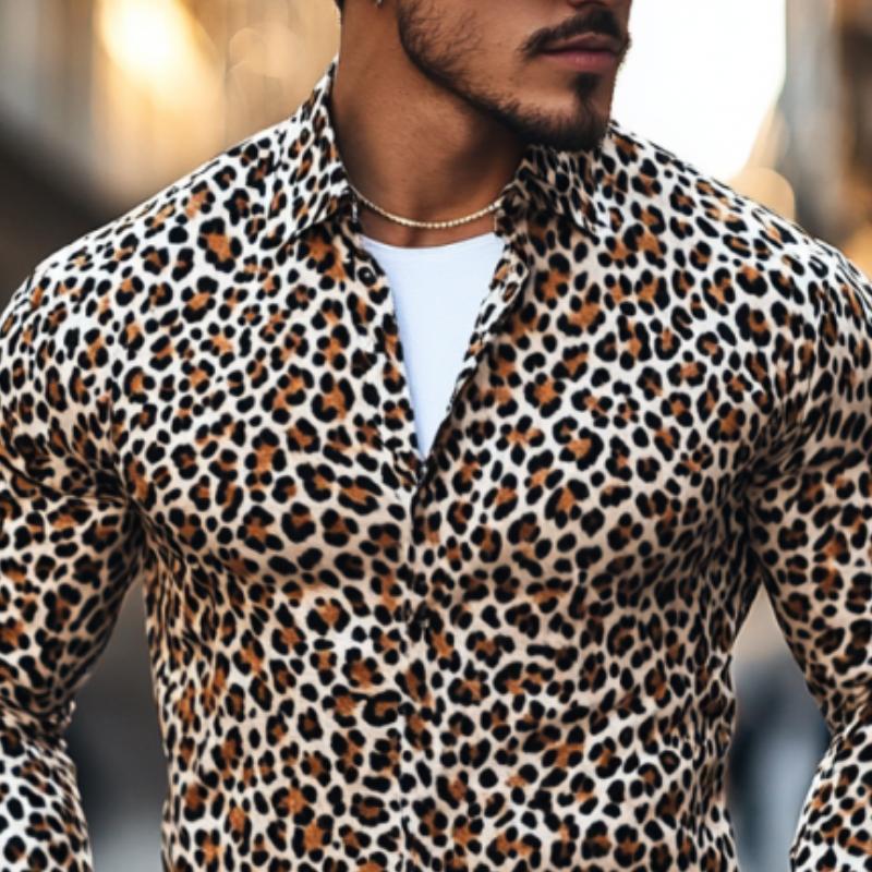 Men's Classic Casual Printed Leopard Satin Long Sleeve Shirt 94533590K